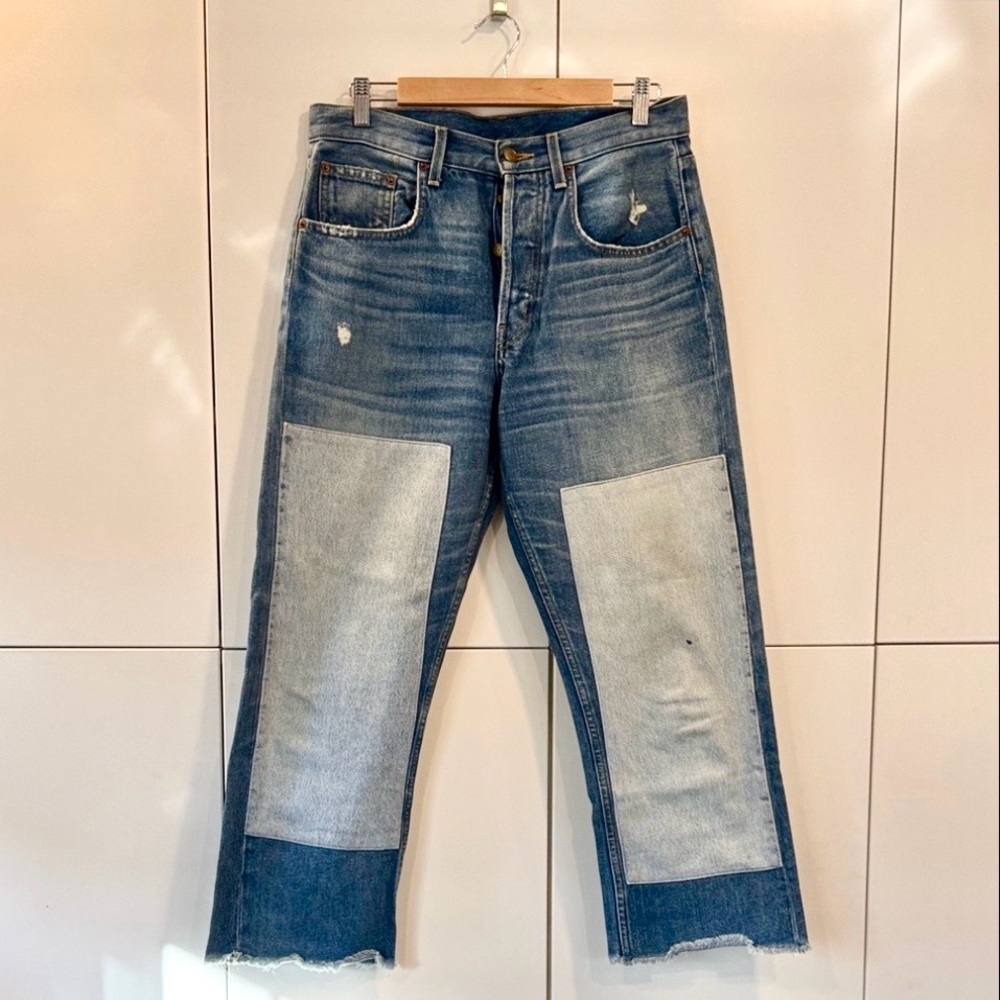B SIDES Two-Tone Blue Patch Knee High-Rise Jeans